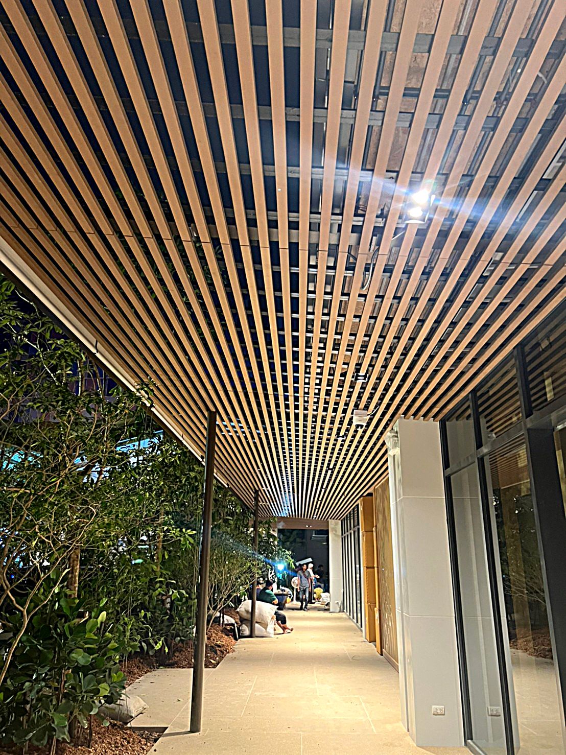 slat-ceiling-covered-walkway-04 ทางเดินมีฝ้าระแนงเส้นยาวและผนังกระจกด้านข้าง