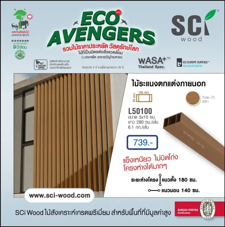 ไม้ระแนงตกแต่งภายนอก รุ่น L50100 สี Teak