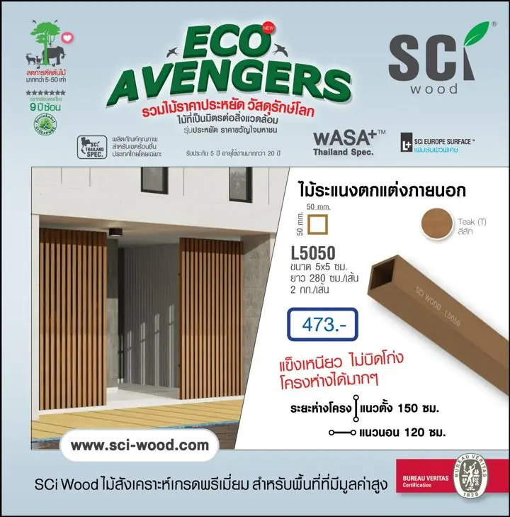 ไม้ระแนงตกแต่งภายนอก รุ่น L5050 สี Teak