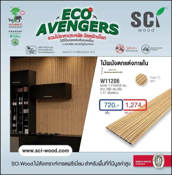 ไม้ผนังตกแต่งภายใน รุ่น W11206 สี Teak